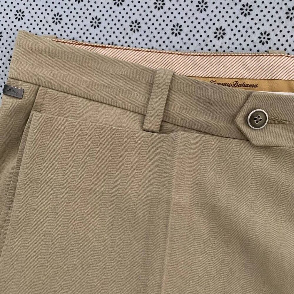 Tommy Bahama Mens 36x30 Khaki Silk Cotton Dress Pants Flat Front Tan
